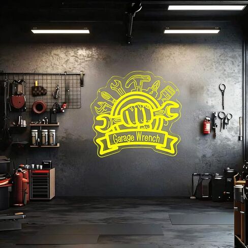 Garage Wrench Neon Sign for Wall Decor, Dimmable Garage LED Neon Light for Workshop Man Cave Garage Auto Repair Shop, Cool Mechanic Gift(Yellow, 13.6 * 12.8 in) in Kuwait