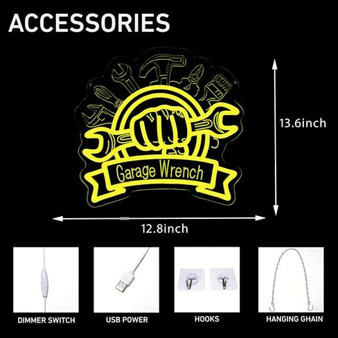 Garage Wrench Neon Sign for Wall Decor, Dimmable Garage LED Neon Light for Workshop Man Cave Garage Auto Repair Shop, Cool Mechanic Gift(Yellow, 13.6 * 12.8 in) in Kuwait