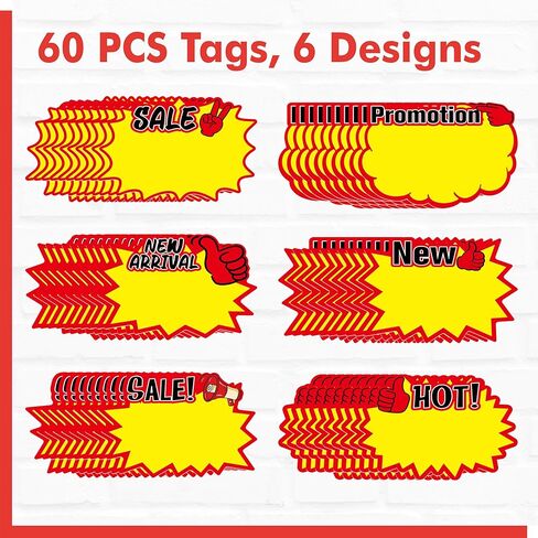 60 PCS Starburst Sign Cards, 6 Blank Star Shape Pricing Tags for Supermarkets, Stores, Shops, Sale Paper Signs for Retail Garage/Yard Sale Sign Display Supplies (5" x 6.5") in Kuwait