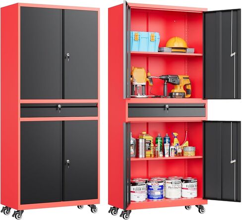 SISESOL Metal Storage Cabinet with Wheels and Drawer,Rolling Garage Storage Cabinet with Lock,Black Red Metal Cabinets with Wheel,73" Mobile Tall Tool Cabinets on Wheel for Home,Office,Garage,Shop in Saudi Arabia