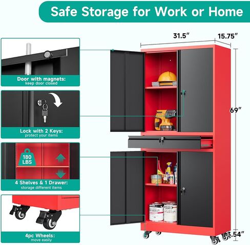 SISESOL Metal Storage Cabinet with Wheels and Drawer,Rolling Garage Storage Cabinet with Lock,Black Red Metal Cabinets with Wheel,73" Mobile Tall Tool Cabinets on Wheel for Home,Office,Garage,Shop in Saudi Arabia