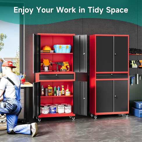 SISESOL Metal Storage Cabinet with Wheels and Drawer,Rolling Garage Storage Cabinet with Lock,Black Red Metal Cabinets with Wheel,73" Mobile Tall Tool Cabinets on Wheel for Home,Office,Garage,Shop in Saudi Arabia
