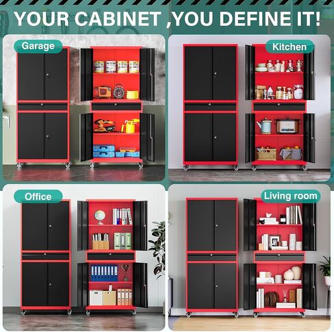 SISESOL Metal Storage Cabinet with Wheels and Drawer,Rolling Garage Storage Cabinet with Lock,Black Red Metal Cabinets with Wheel,73" Mobile Tall Tool Cabinets on Wheel for Home,Office,Garage,Shop in Saudi Arabia
