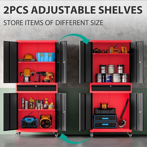 SISESOL Metal Storage Cabinet with Wheels and Drawer,Rolling Garage Storage Cabinet with Lock,Black Red Metal Cabinets with Wheel,73" Mobile Tall Tool Cabinets on Wheel for Home,Office,Garage,Shop in Saudi Arabia