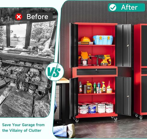 SISESOL Metal Storage Cabinet with Wheels and Drawer,Rolling Garage Storage Cabinet with Lock,Black Red Metal Cabinets with Wheel,73" Mobile Tall Tool Cabinets on Wheel for Home,Office,Garage,Shop in Saudi Arabia