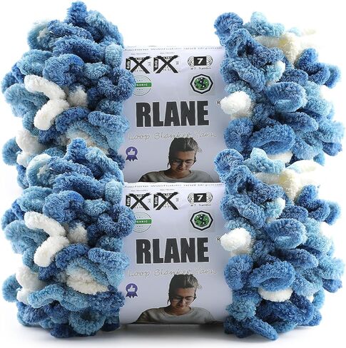 Loop Yarn for Finger Knitting Soft - Chunky Yarn for Hand Knitting - 2 Pack of 180 G/6.4 Oz - #7 Jumbo - 18 Yards - Chenille Blanket Yarn for Crocheting Blankets (2, Denim Blue - White) in Kuwait