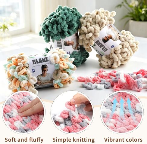 Loop Yarn for Finger Knitting Soft - Chunky Yarn for Hand Knitting - 2 Pack of 180 G/6.4 Oz - #7 Jumbo - 18 Yards - Chenille Blanket Yarn for Crocheting Blankets (2, Denim Blue - White) in Kuwait