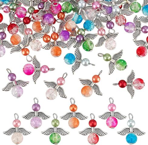 PH PandaHall 56pcs 7 Colors Angel Fairy Charms Guardian Angels Charms Angel Wing Pendants Crackle Glass Bead Pendants Angels Dangle Charm for Necklace Bracelet Earring Jewelry Making DIY Crafts in Kuwait