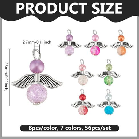 PH PandaHall 56pcs 7 Colors Angel Fairy Charms Guardian Angels Charms Angel Wing Pendants Crackle Glass Bead Pendants Angels Dangle Charm for Necklace Bracelet Earring Jewelry Making DIY Crafts in Kuwait