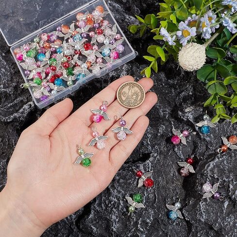 PH PandaHall 56pcs 7 Colors Angel Fairy Charms Guardian Angels Charms Angel Wing Pendants Crackle Glass Bead Pendants Angels Dangle Charm for Necklace Bracelet Earring Jewelry Making DIY Crafts in Kuwait