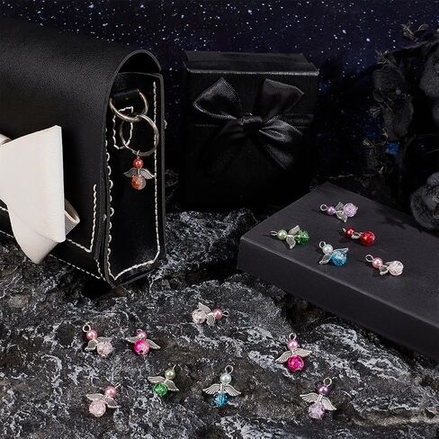 PH PandaHall 56pcs 7 Colors Angel Fairy Charms Guardian Angels Charms Angel Wing Pendants Crackle Glass Bead Pendants Angels Dangle Charm for Necklace Bracelet Earring Jewelry Making DIY Crafts in Kuwait