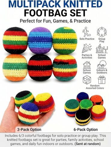 3Pcs Hand Made Knitted Footbag Sac, 2026 Upgraded Assorted Foot Bag Crochet Footbag Sacs for Adults, Juggling Balls for Beginners, Multicolored Geometric Pattern (Random Color) in Kuwait