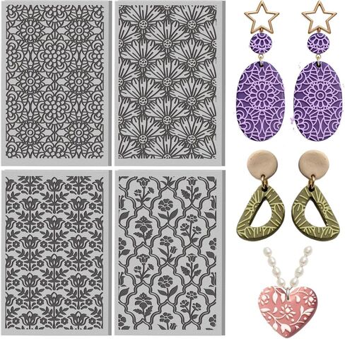 4 Sheets Abstract Flowers Clay Texture Mat Artistic Patterns Polymer Clay Texture Sheets DIY Tools for Pottery Earring Jewelry Making Stamp Engraving Machines, 3.9x2.6inch in Saudi Arabia