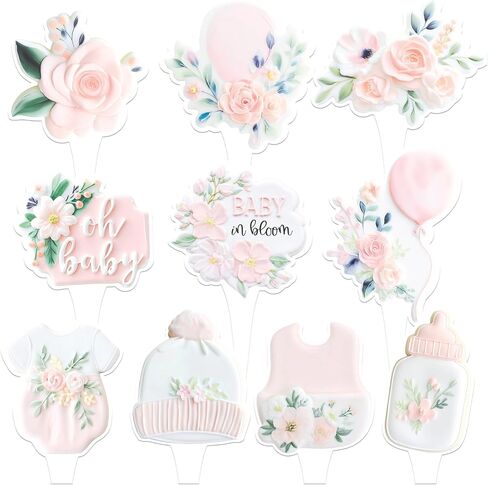 Baby in Bloom Cupcake Toppers (30 Pack) – Floral Baby Shower Decorations, Garden Theme Cupcake Picks, Pink Blush Wildflower Dessert Toppers for Girl Baby Shower Party decor in Saudi Arabia