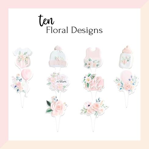 Baby in Bloom Cupcake Toppers (30 Pack) – Floral Baby Shower Decorations, Garden Theme Cupcake Picks, Pink Blush Wildflower Dessert Toppers for Girl Baby Shower Party decor in Saudi Arabia