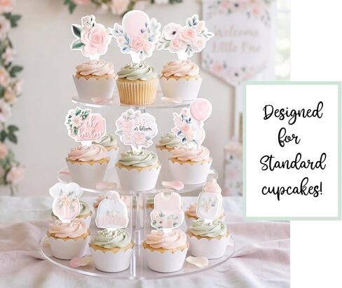Baby in Bloom Cupcake Toppers (30 Pack) – Floral Baby Shower Decorations, Garden Theme Cupcake Picks, Pink Blush Wildflower Dessert Toppers for Girl Baby Shower Party decor in Saudi Arabia