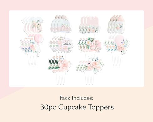 Baby in Bloom Cupcake Toppers (30 Pack) – Floral Baby Shower Decorations, Garden Theme Cupcake Picks, Pink Blush Wildflower Dessert Toppers for Girl Baby Shower Party decor in Saudi Arabia
