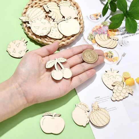 100 قطعة من قطع الفاكهة الخشبية العشوائية من KitBeads، قطع الفراولة والتفاح والليمون بالليزر، قطع غير مكتملة من الطعام الخشبي لمشروع الحرف اليدوية اليدوية in Kuwait
