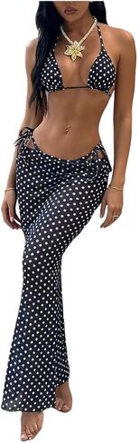 GORGLITTER Women's 3 Piece Polka Dots Bikini Swimsuits Tie String Halter Triangle Sets with Beach Maxi Skirts Swimwear in Saudi Arabia