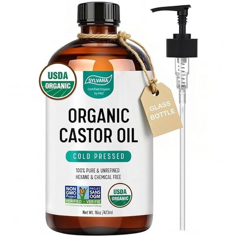 SYLVANA Organic Castor Oil with Pump (16oz Glass Bottle), USDA Certified Organic, Cold Pressed, Hexane Free, Vegan - 100% Pure Castor Oil for Hair Growth, Nourishing Skin, Lashes & Eyebrows in Saudi Arabia