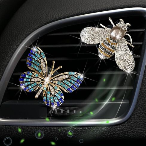 2 Pcs Blue Butterfly and White Silver Bee Car Air Vent Clips,Rhinestone Car Air Fresheners Vent Clip,Cute Aromatherapy Diffuser Car Vent Clip Interior Decoration Charm Accessories for Girl Women in Kuwait