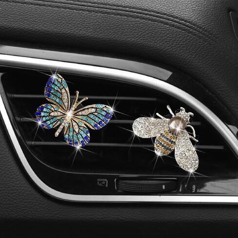 2 Pcs Blue Butterfly and White Silver Bee Car Air Vent Clips,Rhinestone Car Air Fresheners Vent Clip,Cute Aromatherapy Diffuser Car Vent Clip Interior Decoration Charm Accessories for Girl Women in Kuwait