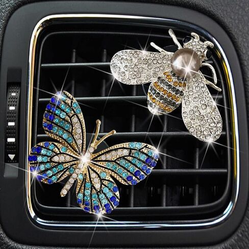 2 Pcs Blue Butterfly and White Silver Bee Car Air Vent Clips,Rhinestone Car Air Fresheners Vent Clip,Cute Aromatherapy Diffuser Car Vent Clip Interior Decoration Charm Accessories for Girl Women in Kuwait