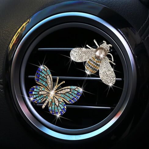2 Pcs Blue Butterfly and White Silver Bee Car Air Vent Clips,Rhinestone Car Air Fresheners Vent Clip,Cute Aromatherapy Diffuser Car Vent Clip Interior Decoration Charm Accessories for Girl Women in Kuwait
