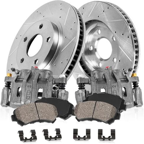 طقم فرامل أمامية لأجزاء فرامل Callahan لسيارة Ford F-150 2012-20 - دوارات قرصية محفورة ومشقوقة مع وسادات فرامل سيراميك + فرجار OE، EBYK029545 in Kuwait