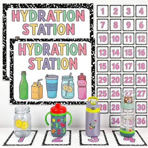 Gersoniel 38 Pcs Classroom Water Station Decor Set Hydration Station Posters with Number Pastel Self-Adhesive Cup Organization Kit for Preschool Elementary School Back-to-School Supplies in Kuwait