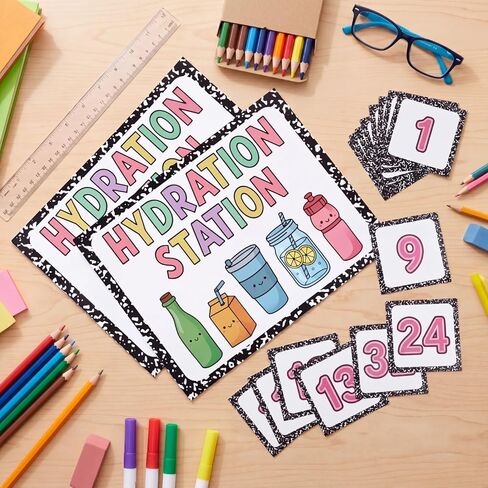 Gersoniel 38 Pcs Classroom Water Station Decor Set Hydration Station Posters with Number Pastel Self-Adhesive Cup Organization Kit for Preschool Elementary School Back-to-School Supplies in Kuwait