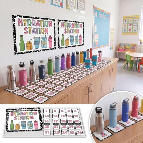 Gersoniel 38 Pcs Classroom Water Station Decor Set Hydration Station Posters with Number Pastel Self-Adhesive Cup Organization Kit for Preschool Elementary School Back-to-School Supplies in Kuwait