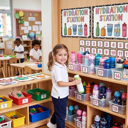 Gersoniel 38 Pcs Classroom Water Station Decor Set Hydration Station Posters with Number Pastel Self-Adhesive Cup Organization Kit for Preschool Elementary School Back-to-School Supplies in Kuwait