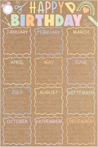 Sabary Classroom Birthday Chart Poster Reusable Happy Birthday Poster Calendar Kraft Pastel Back to School Supplies Bulletin Board Decoration for Kindergarten Nursery Home Elementary, 16 x 24 Inch in Kuwait