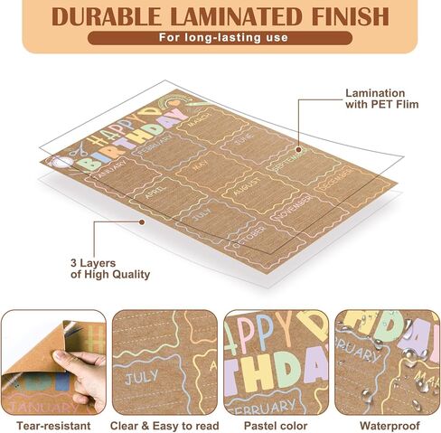 Sabary Classroom Birthday Chart Poster Reusable Happy Birthday Poster Calendar Kraft Pastel Back to School Supplies Bulletin Board Decoration for Kindergarten Nursery Home Elementary, 16 x 24 Inch in Kuwait