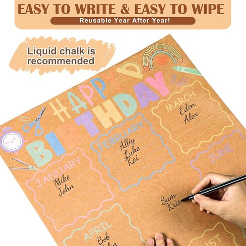 Sabary Classroom Birthday Chart Poster Reusable Happy Birthday Poster Calendar Kraft Pastel Back to School Supplies Bulletin Board Decoration for Kindergarten Nursery Home Elementary, 16 x 24 Inch in Kuwait