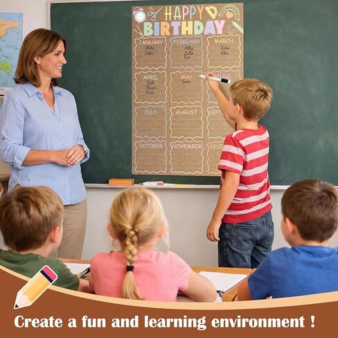 Sabary Classroom Birthday Chart Poster Reusable Happy Birthday Poster Calendar Kraft Pastel Back to School Supplies Bulletin Board Decoration for Kindergarten Nursery Home Elementary, 16 x 24 Inch in Kuwait