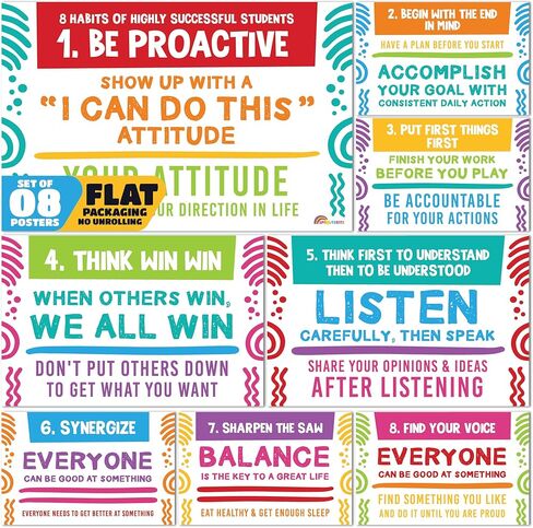 Sproutbrite 8 Pack 11" x 17" Educational Posters - Growth Mindset Charts - Classroom Motivational Posters and Wall Decor for Pre, Elementary and Middle School - Teaches Essential Habits for Student Success and Lifelong Development in Kuwait