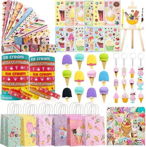 Ice Cream Party Favors Themed Birthday Decorations Sweet Summer Icecream Supplies Include Keychains Bracelets Treat Candy Goodie Bags Stuff DIY Stickers Game Toy Gifts Set for Pinata Filler in Saudi Arabia