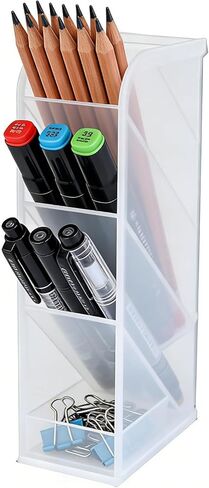 Pen Holder for Desk, 4 Compartment Pencil Organizer Tiered Vanity Countertop Makeup Brush Desktop Storage Rack, Plastic Angled Storage Organizer for Pen Makeup Brush (Black) in Saudi Arabia