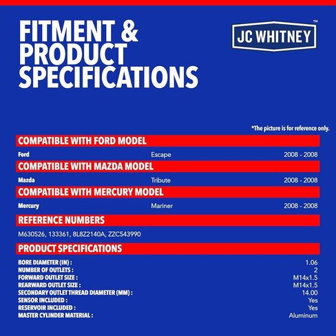 JC Whitney JFBAJCWBMC00107 Brake Master Cylinder - Compatible with Ford Escape 2008, Mazda Tribute 2008, Mercury Mariner 2008 - Bore: 1.063 inches in Kuwait