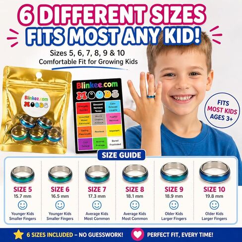 blinkee Mood Rings for Kids 6 Pack Color Changing Rings with Mood Guide Card Chart Party Favor Toys Birthday Goodie Bag Fillers Treasure Box Prizes for Girls Boys Sizes 5 6 7 8 9 10 in Kuwait
