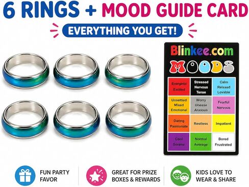blinkee Mood Rings for Kids 6 Pack Color Changing Rings with Mood Guide Card Chart Party Favor Toys Birthday Goodie Bag Fillers Treasure Box Prizes for Girls Boys Sizes 5 6 7 8 9 10 in Kuwait