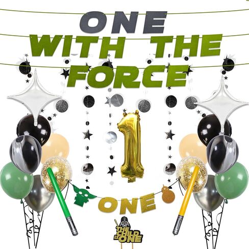 One With The Force Decorations, 1st Birthday Party Supplies Kit, Star Galaxy Baby Shower Bday Decor Set with Happy First Birthday Banner Cake Topper Balloons Fringe Curtain in Saudi Arabia