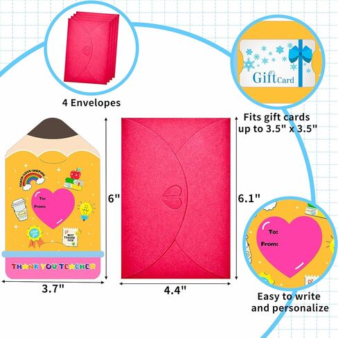 Teacher Appreciation Gift Card Holder with Envelope - 4Pack Teacher Gift Card Holder Pencil Money and Gift Card Sleeves for End of Year Preschool Kindergarten High School Graduation Gifts in Saudi Arabia