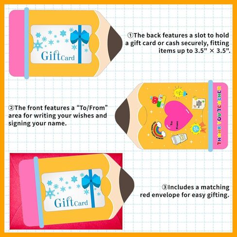 Teacher Appreciation Gift Card Holder with Envelope - 4Pack Teacher Gift Card Holder Pencil Money and Gift Card Sleeves for End of Year Preschool Kindergarten High School Graduation Gifts in Saudi Arabia