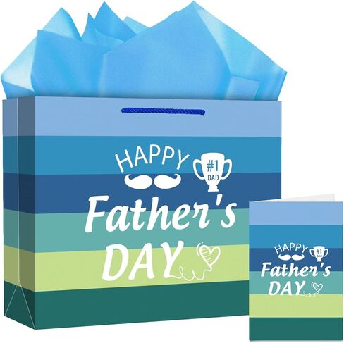 JUESMOS 13" Large Father's Day Gift Bag With Tissue Paper Happy Fathers Day Paper Gifts Bag Blue Stripe Paper Bags with Greeting Card for Men Dad Father Grandpa Party Favor Supplie in Kuwait
