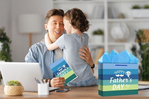 JUESMOS 13" Large Father's Day Gift Bag With Tissue Paper Happy Fathers Day Paper Gifts Bag Blue Stripe Paper Bags with Greeting Card for Men Dad Father Grandpa Party Favor Supplie in Kuwait