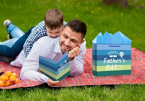 JUESMOS 13" Large Father's Day Gift Bag With Tissue Paper Happy Fathers Day Paper Gifts Bag Blue Stripe Paper Bags with Greeting Card for Men Dad Father Grandpa Party Favor Supplie in Kuwait