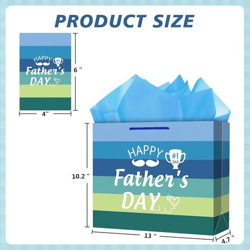 JUESMOS 13" Large Father's Day Gift Bag With Tissue Paper Happy Fathers Day Paper Gifts Bag Blue Stripe Paper Bags with Greeting Card for Men Dad Father Grandpa Party Favor Supplie in Kuwait